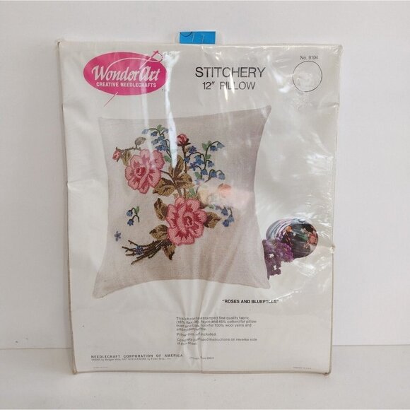 WonderArt Creative Needlecraft Stitchery 12" Pillow Roses And Bluebells No 9104 - Picture 1 of 4